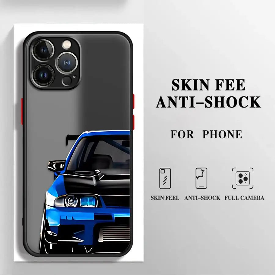 JDM Sports Cars Black Edge Shell Phone Case for iPhone 16e 11 Pro Max 16 Pro 14 15 Pro Max SE XR 13 Pro 7 8 SE 6s XS X 12 Mini