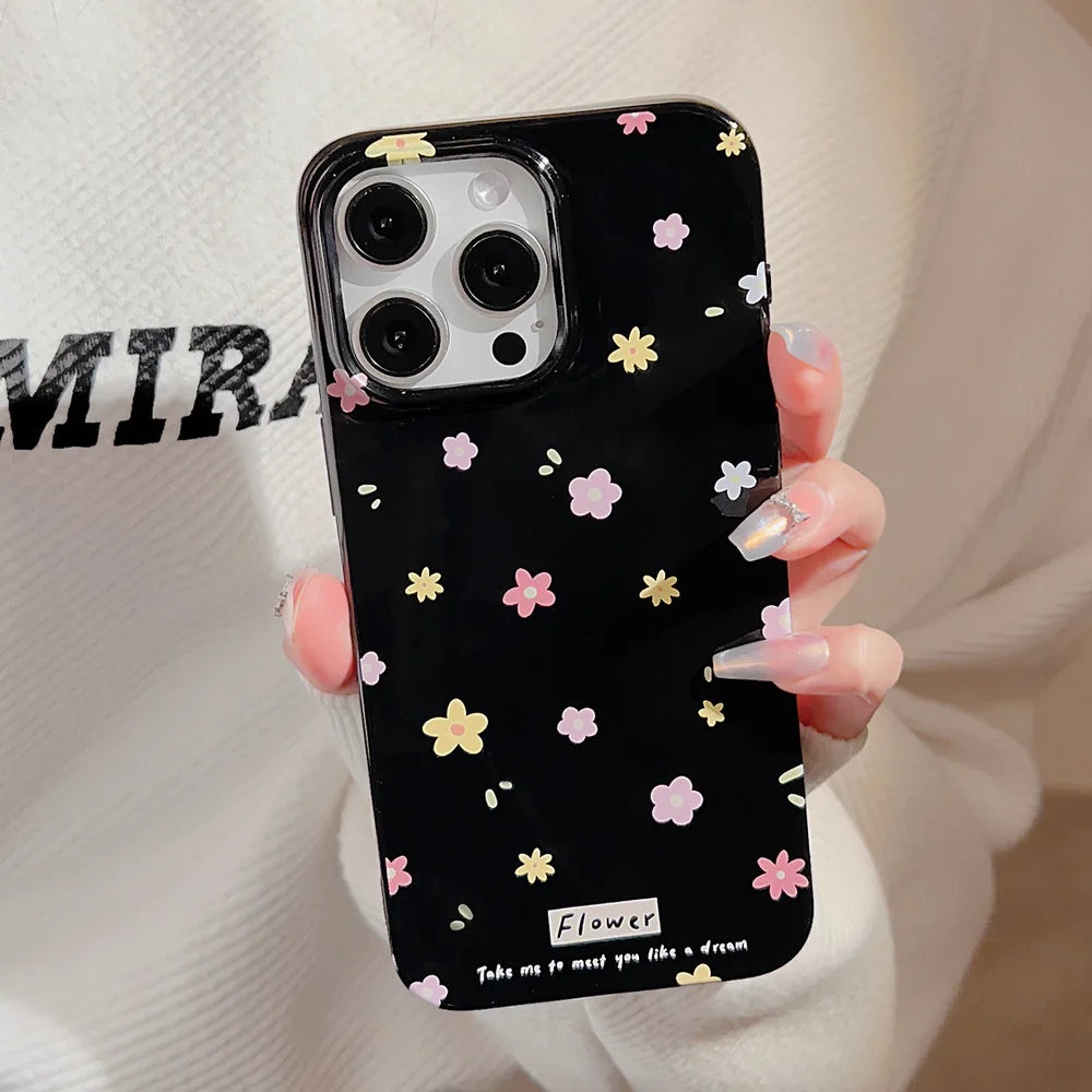 Korean Cute Flower Phone Case  For iPhone 16 15 14 13 12 11 Pro Max XS XR 7 8 Plus SE Mini Soft Shockproof Protective Back Cover